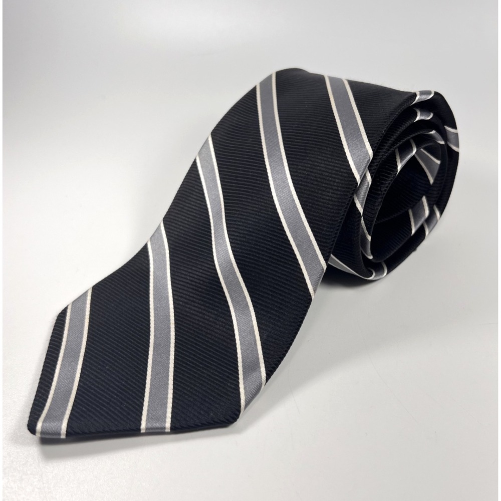 Brooks Brothers Stain Resistant Mens Tie Black w/ Silver-White Stripes Silk Repp
